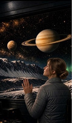 Dr. Taryn Gash at the Iapetus viewport, Saturn visible through the glass