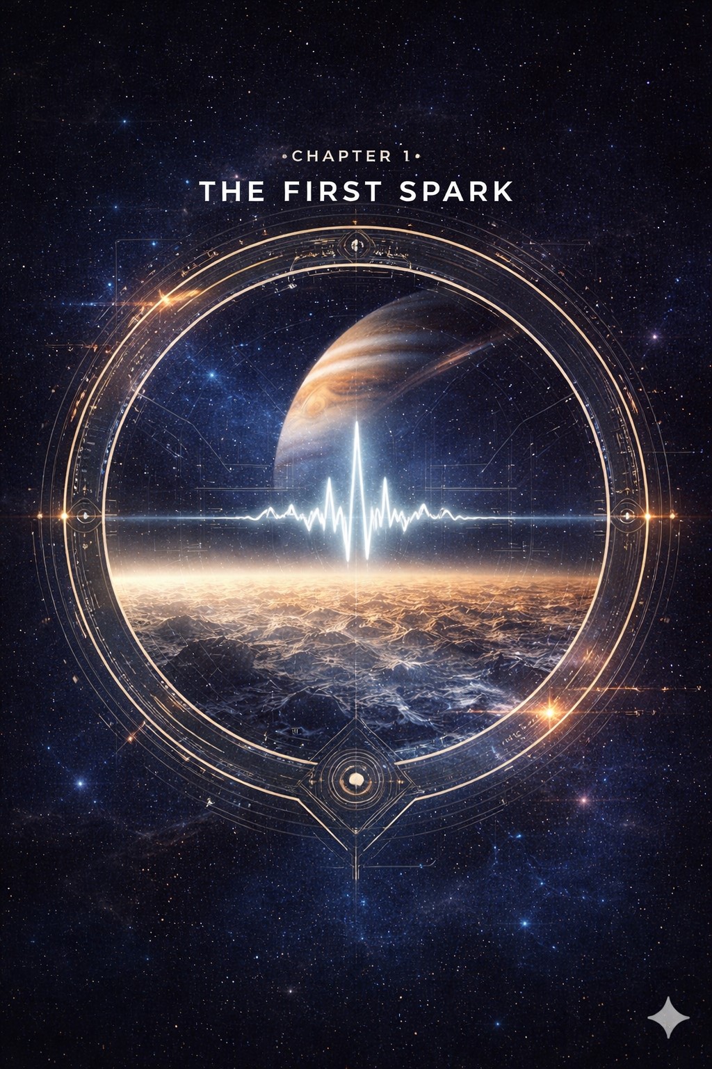 Chapter illustration for The First Spark: a planetary ring, a luminous signal pulse, and a distant gas giant against a starfield